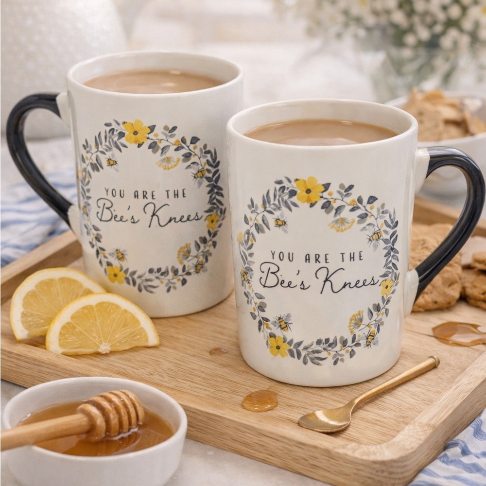 🐝 Set of 2 Mugs cute message “You’re the Bees Knees” Yellow White Black 🐝 - Picture 10 of 16